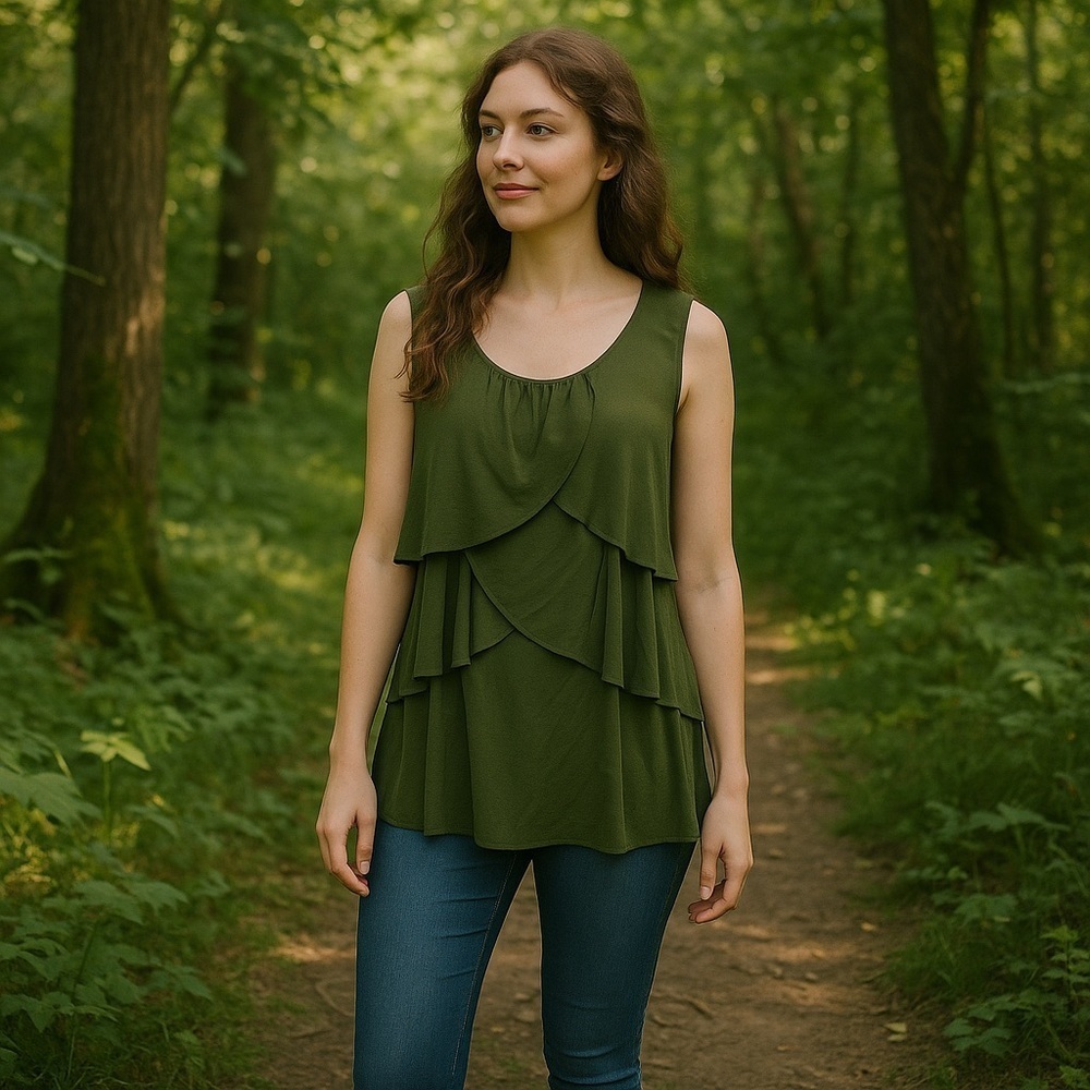 Vintage Suzie Green Sleeveless Ruffle Tunic Tank Top L Fairycore Mystical Earthy